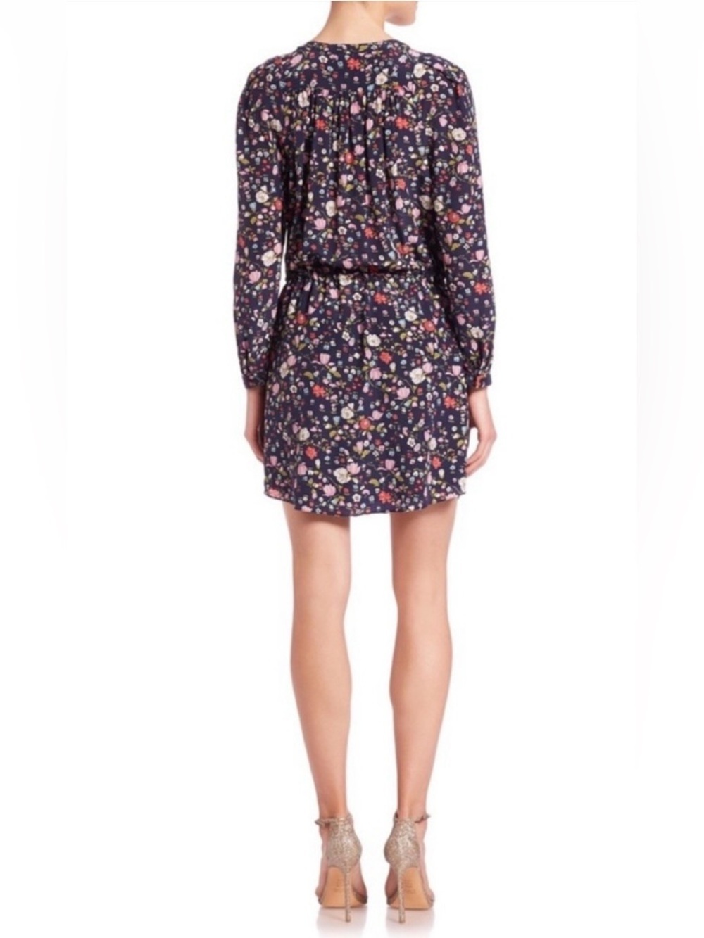 Rebecca Taylor Navy Floral Mini Dress, Long Sleeve,100% Silk,Drawstring Waist, 0 - Picture 4 of 16